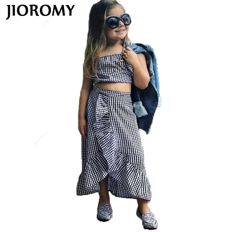 

JIOROMY 2019 ins summer baby girls fashion clothing sets children's plaid tube top +ruffle skirt 2 pcs suit kids trend clothes