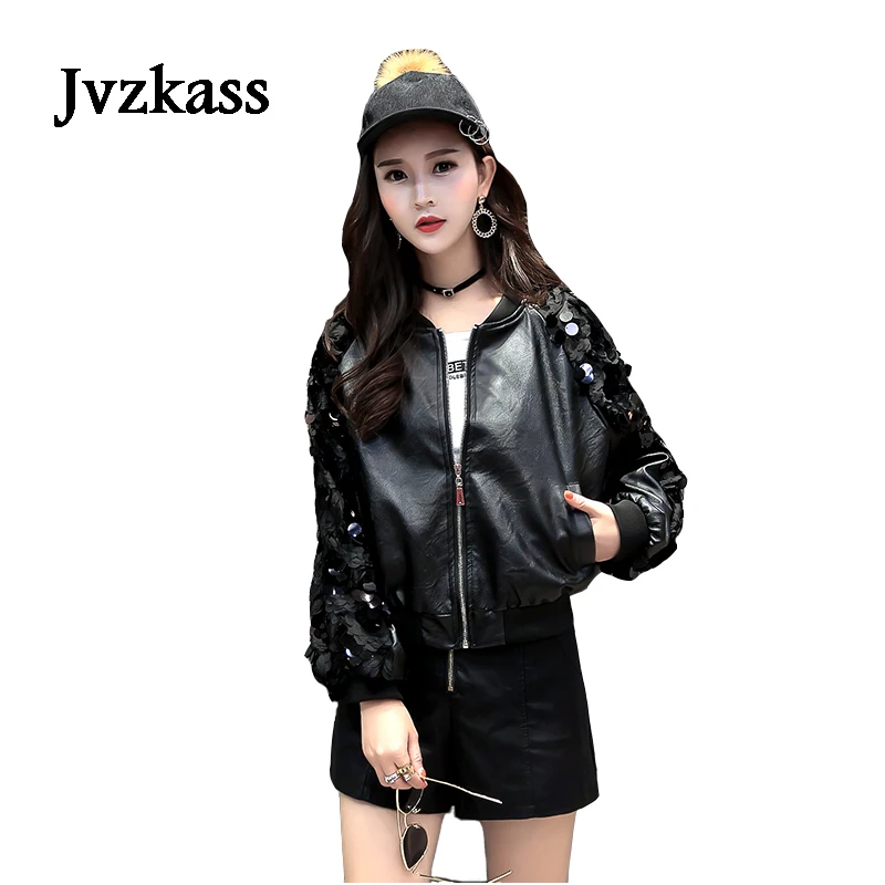 

2018 spring new pu leather female long-sleeved stitching lace sequins loose baseball clothing leather jacket coat tide Z167