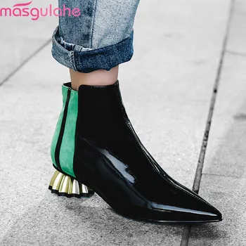 

Masgulahe 2020 new arrival ankle boots women patent leather mixed colors autumn Chelsea boots unique dress party shoes woman