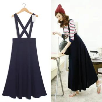 

Thin Summer Women Literary Vintage Long Suspenders Straps Braces Skirt Mori Girl Preppy Style Cross High Waist A-line Skirt