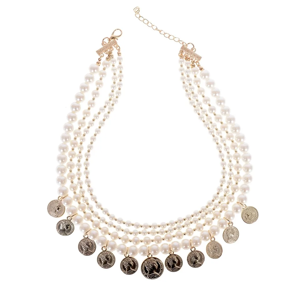 

Multi-layer Pearls Beaded Chunky Necklace Round Piece Small Tassel Pendant Necklace For Women Ladies Statement Jewelry
