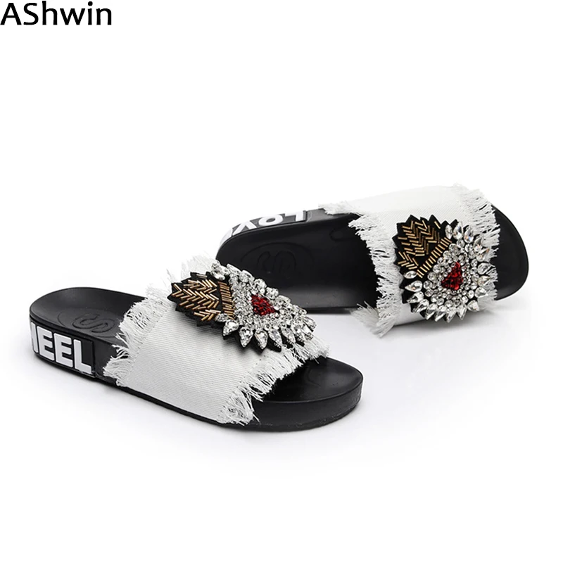 

AShwin fashion denim sandals slippers crystal rhinestones shoes slides sandal woman shoes casual shiny glitter platform women