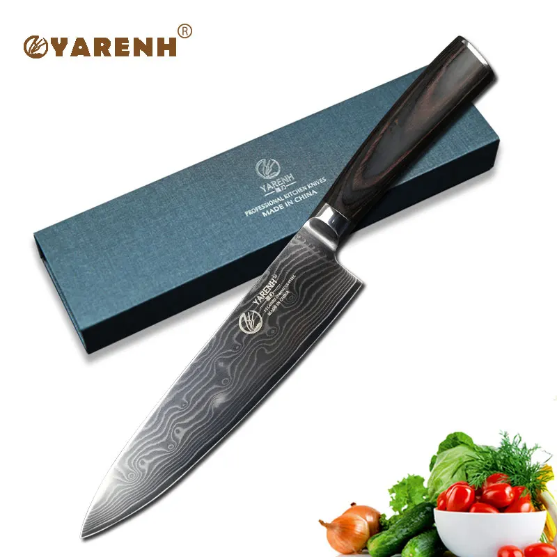 

YARENH 8" japanese chef knives with pakka wood handle best kitchen knives VG10 damascus steel santoku knife cooking knives