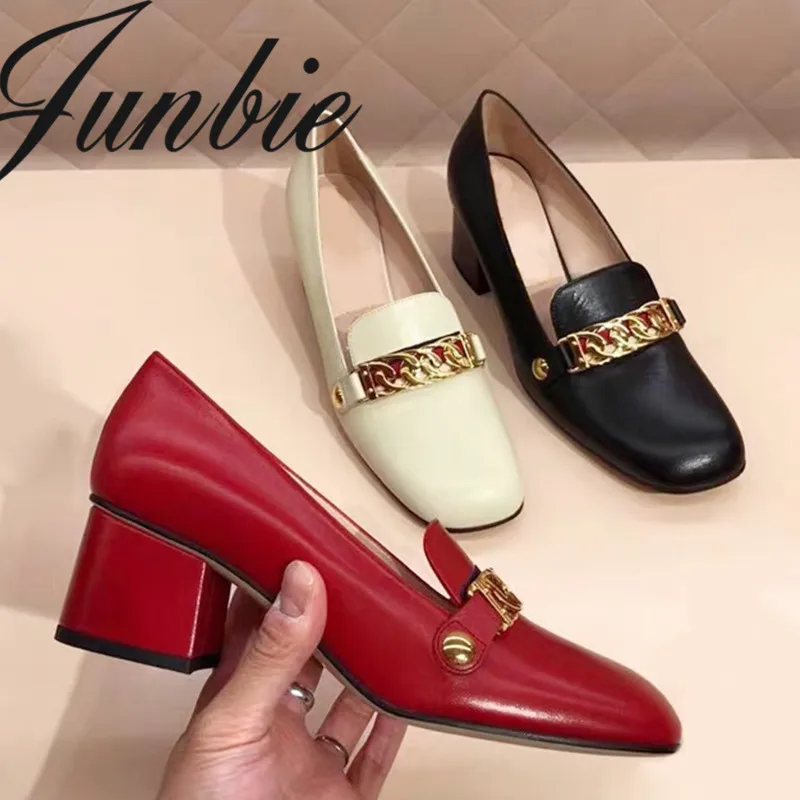 

JUNBIE Quality New Genuine Leather Metal Chian Slip On Women Pumps Square Toe Thick Heel Comfortable Low Heel Pumps Shoes Women