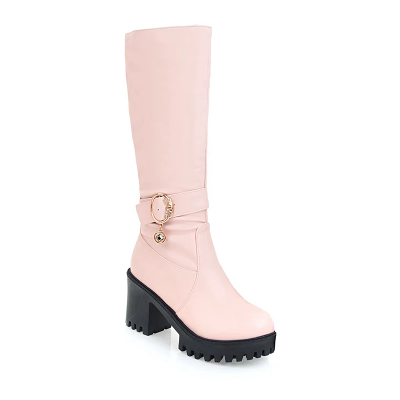 Girseaby/зимние сапоги большого размера женские зимние высокие сапоги женская обувь ботинки до середины икры на платформе и среднем квадратном каблуке Женская обувь без шнуровки F202 - Цвет: Pink velvet