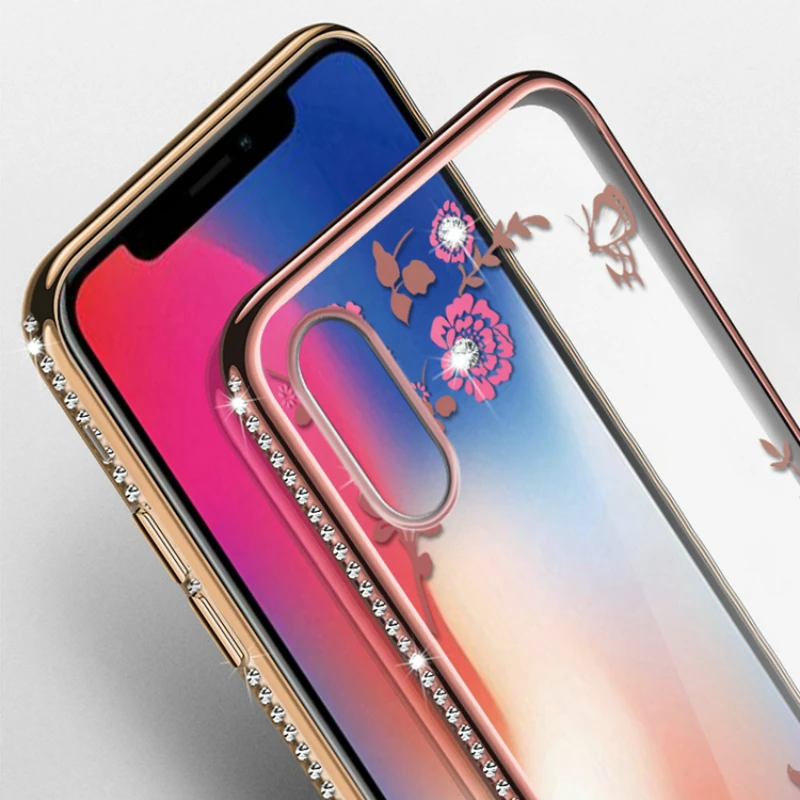 Стразы чехол с цветочным узором для iPhone XS MAX XR 8 8Plus 7 7Plus 6 6S Plus 5 5S SE мягкий силиконовый блестящий чехол с алмазной рамкой