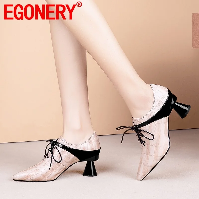 

EGONERY woman shoes 2019 spring new fashion sexy pointed toe genuine leather woman pumps outside hgh heels plus size party shoes