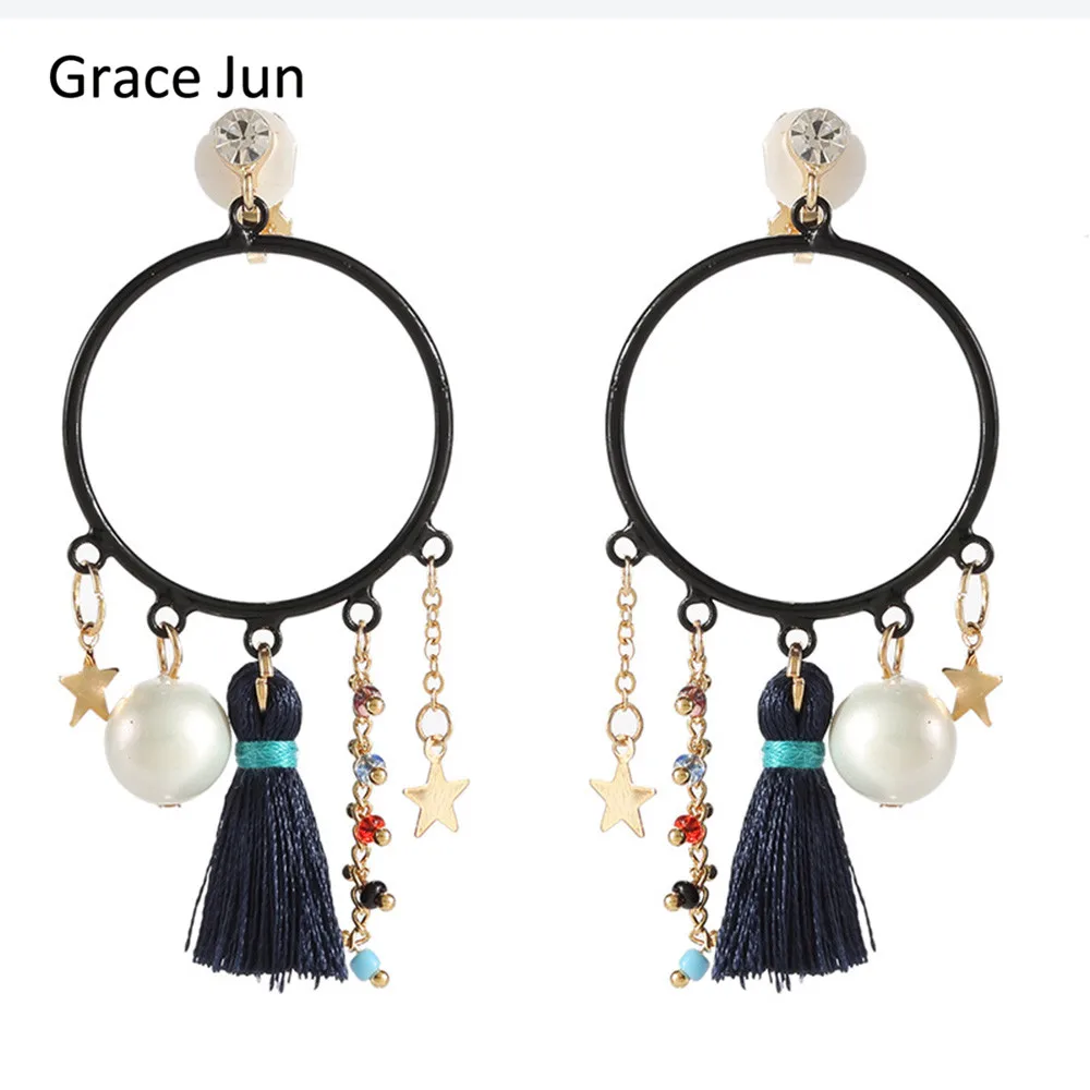Grace Jun 2017 New Design Vintage Star Tassel Crystal Clip on Earrings