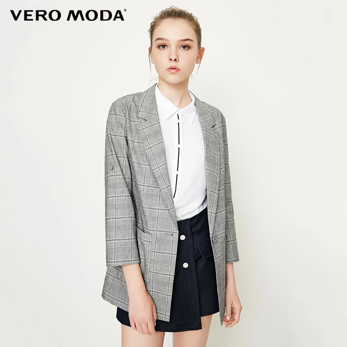 Vero Moda Женская новая клетчатая куртка с лацканами 3/4 рукавами костюм куртка Длинный блейзер | 318308510 - Цвет: Black