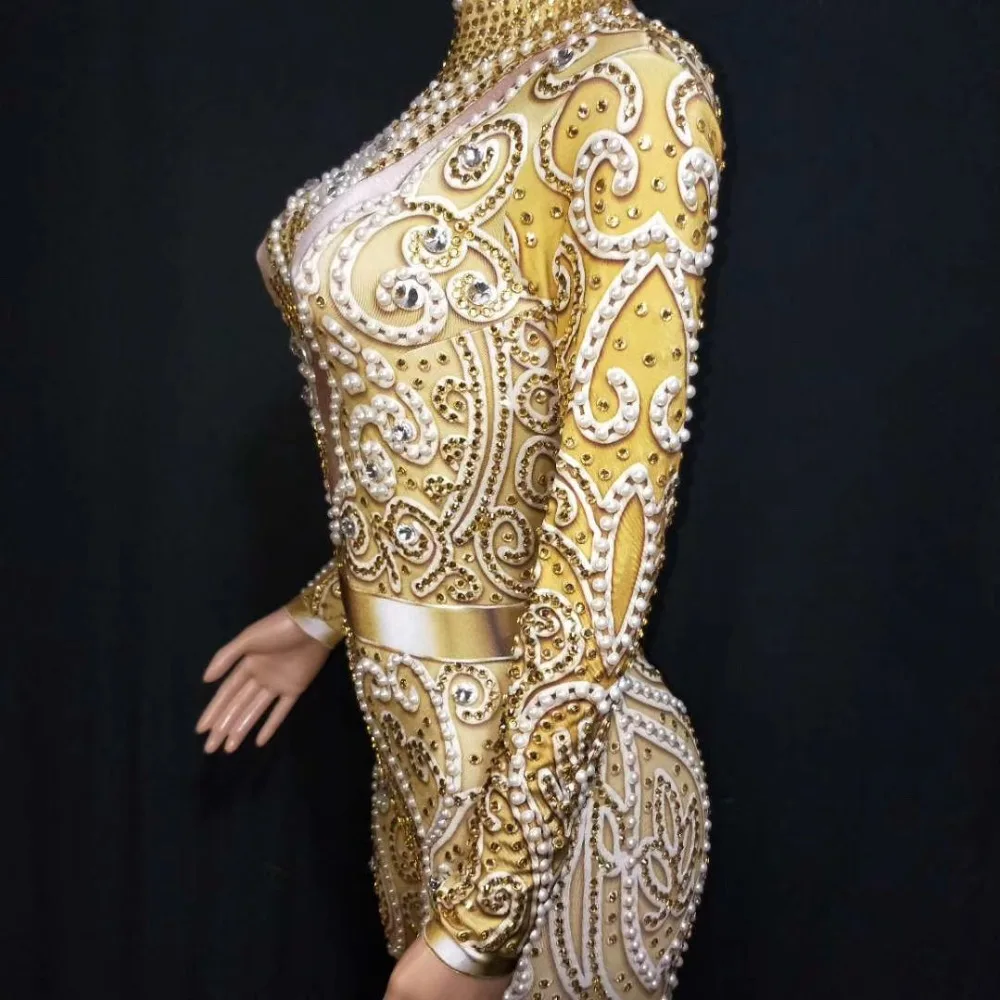 DJ Female Singer Dancer Costume Rhinestones Gold ColorJumpsuit One-piece Bodysuit Nightclub Oufit Party Rompers DJ1010