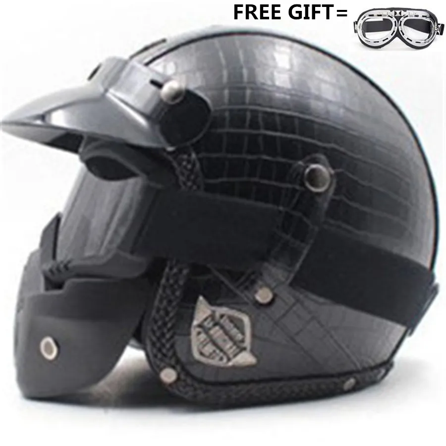 Винтажный дизайн, черный, коричневый мотоциклетный шлем на половину лица с очками, Ретро стиль, из искусственной кожи, с открытым лицом, Круизер, скутер, шлем