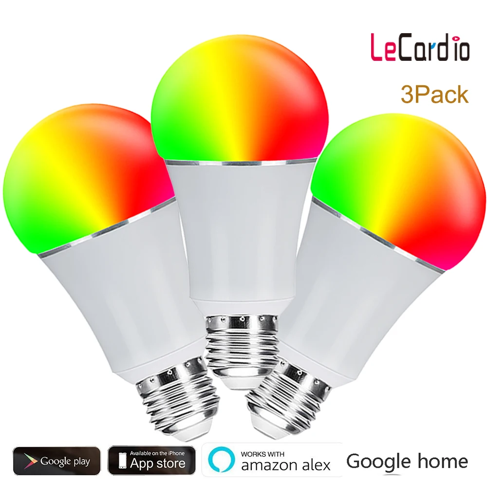 

3 Pack Led Smart Wifi Light Bulb 16 Million RGB Color Stage Lamp Compatible with Alexa Google Home Phone App 60W Equivalent