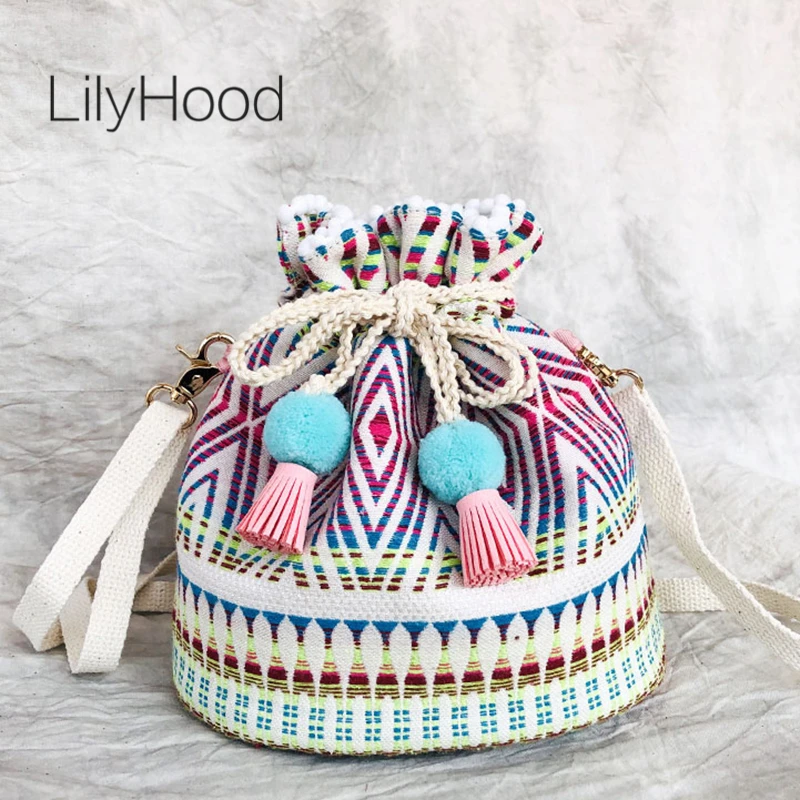 

Boho Style Bucket Shoulder Bag Casual Female Bohemian Gypsy Drawstring Purse Women Cute Pastel Pom Pom Fringe Details Handbag