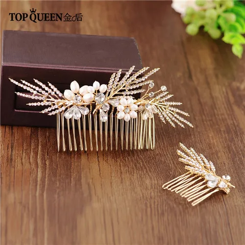 TOPQUEEN HP01-Set, Свадебные элегантные аксессуары, Золотая расческа для волос невесты с кристаллами и жемчугом для вечеринки, быстрая - Цвет: Golden-SET