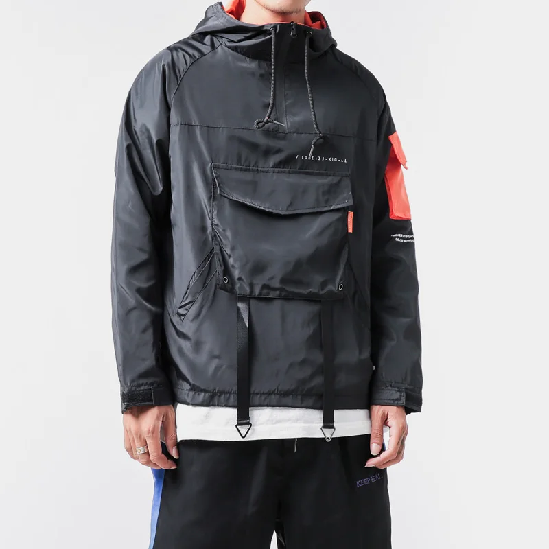  Japanese Contrast Color Sport Hoodie Men Hip Hop Long Sleeve Loose Jacket Big Pocket Fashion