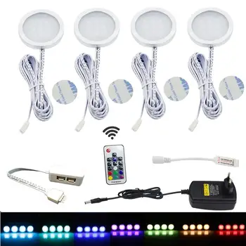 

LED Under Cabinet Light Downlight Spotlights Kit with RF Remote Control Dimmable RGB for Home Kitchen Counter Closet Lighting