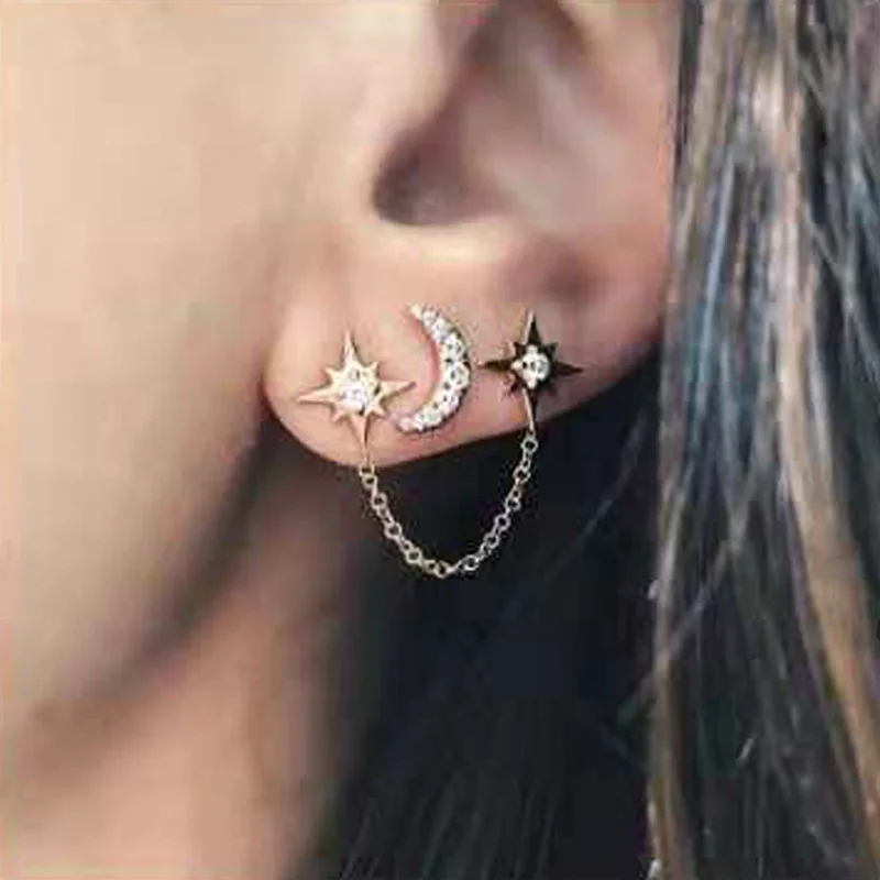 

Fashion Sweet Cute Flash Drill Rhinestone Double Star Moon Korean Earrings for Women Personality Chain Stud Earrings Jewelry