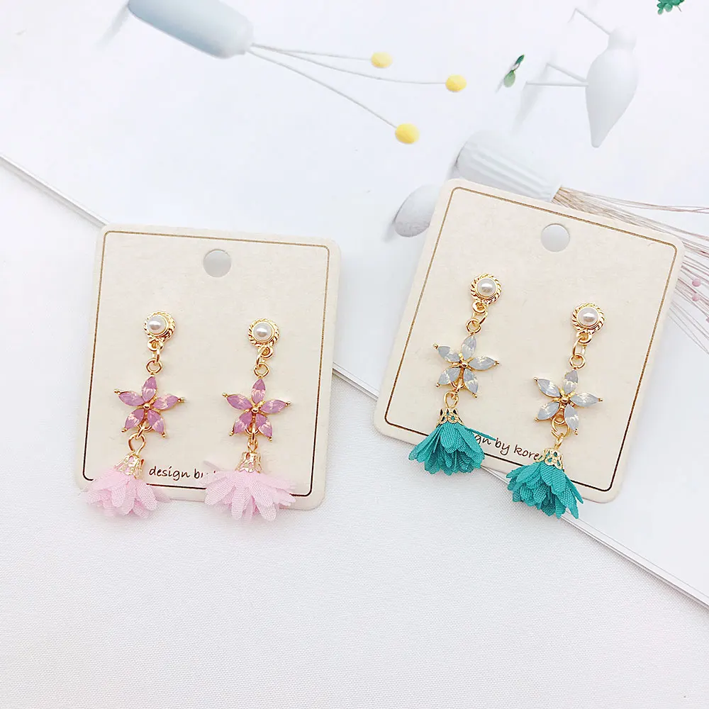 

Popular Girl Cute Pink Flower Earrings Full Rhinestone Star Charm Drop Pearl Earrings Lovely Gifts for Women