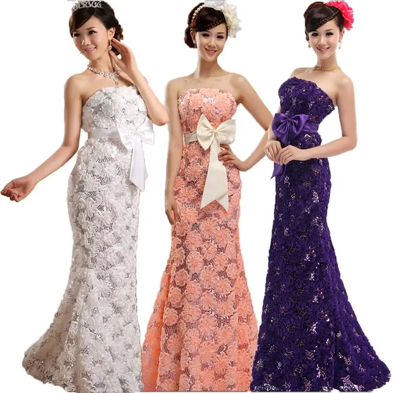 2017 new Plus size long strapless paillette lace up red evening dress flower fish tail bandage blue prom dresses | Свадьбы и