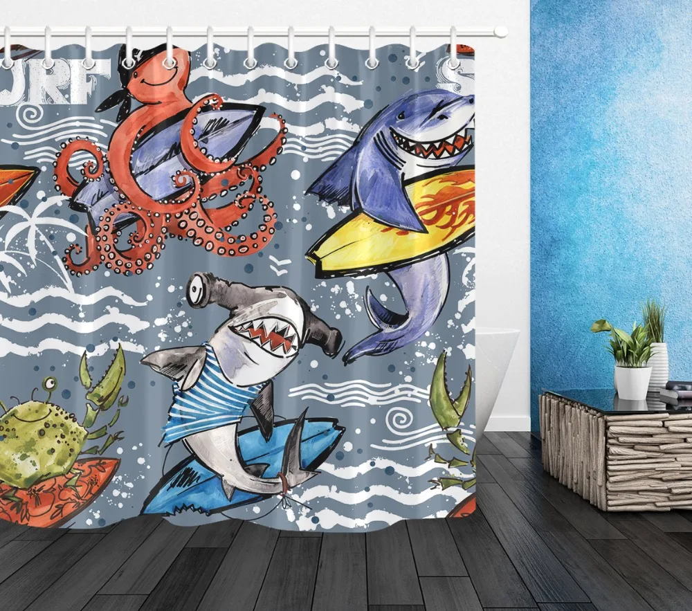 

LB Crab And Fish Surfing on the Sea Shower Curtain Anime Extra Long Bathroom Waterproof Polyester Fabric For Kids Bathtub Decor