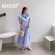 RUGOD женское Полосатое платье с отложным воротником и кружевными оборками, Свободное длинное платье, новое летнее модное женское шикарное корейское платье ins