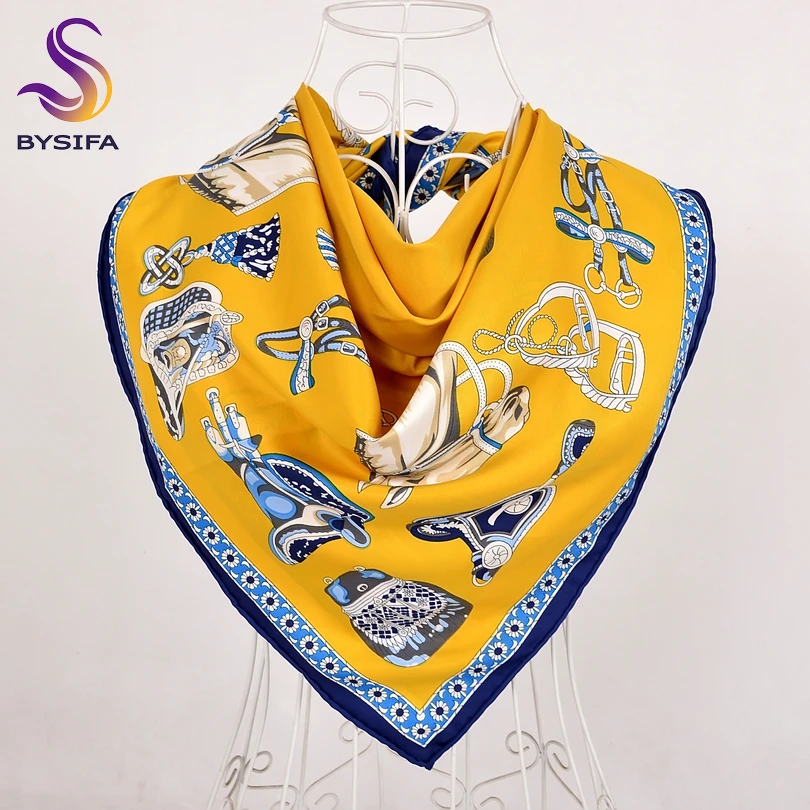 

[BYSIFA] Women Brand Yellow Silk Scarf Cape 2018 Fashion Twill Large Squre Scarves Wraps Spring Autumn Muslim Headscarf Shawl