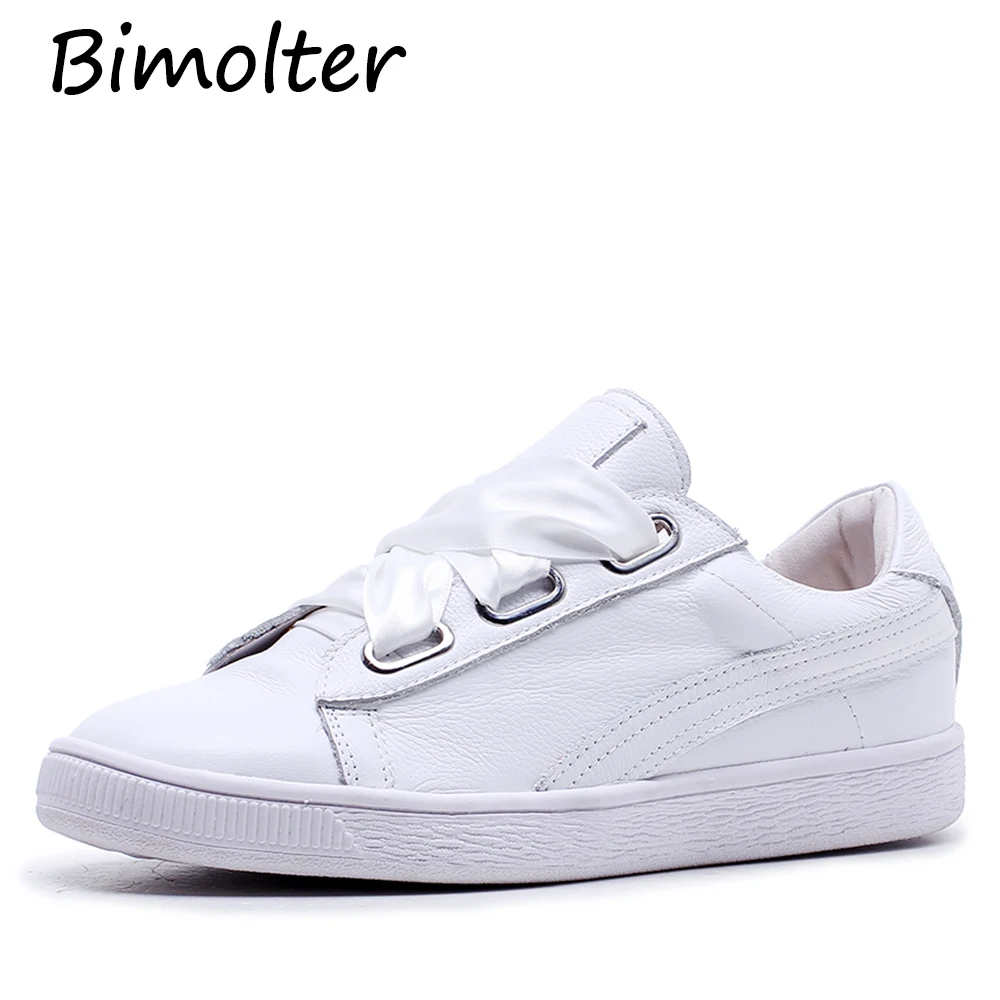 Bimolter Fashion Genuine Leather and Sheep Suede Vulcanize Shoes Female Ribbon Casual Comfortable White Shoes Sneakers LFEA022 Women's Shoes