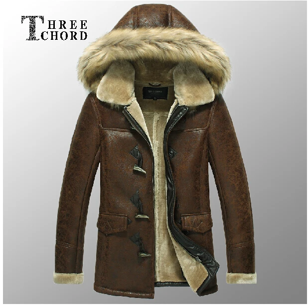 Best price at $135 Cheap Men's New Arrival PU Wool One Piece Leather Jacket Medium-Long Detachable Cap Artificial Fur Coat Leather Clothing / M-XXXL