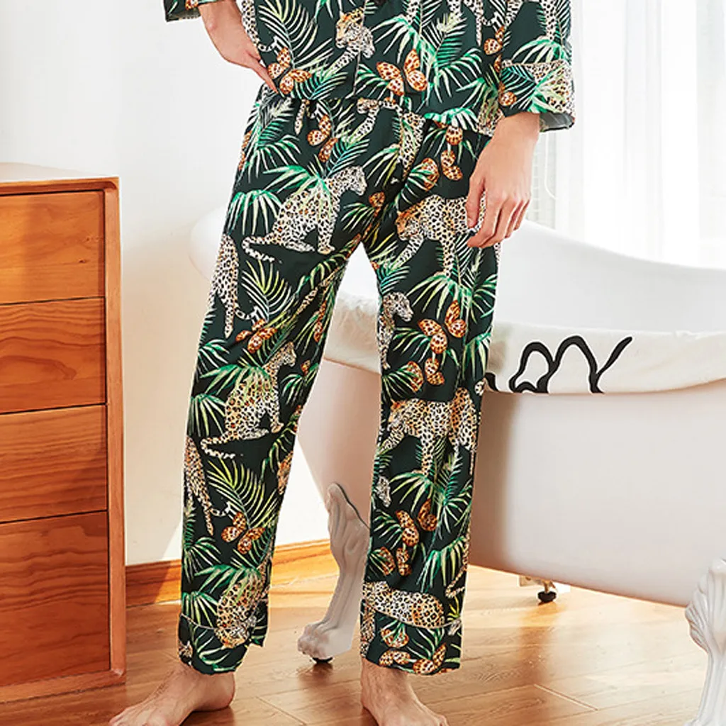 MUQGEW мужские пижамы с шелковым принтом модные длинные пижамные штаны с v-образным вырезом Халат фланелевый банный халат Pijama Masculino