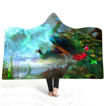 

Peacock Print Forest Hooded Throw Blanket Teens Wearable Plush Fleece Cloak for Travel Office Sherpa Fleece Blanket 150x200cm