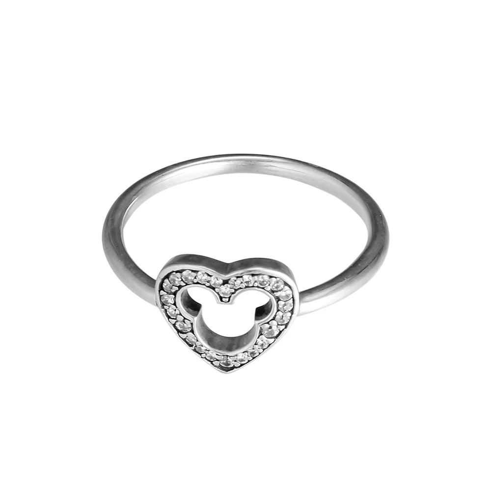 

Mouse Heart Rings with Clear Cubic Zirconia and Cut Out Mouse Silhouettes Authentic 925 Sterling Silver Jewelry Free Shipping
