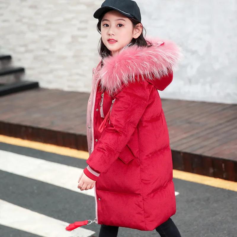 

2019 New Children Down Coats Girls Thickened Warm Long Jacket White Duck Down Feather Big Girl Winter Coat with Big Fur