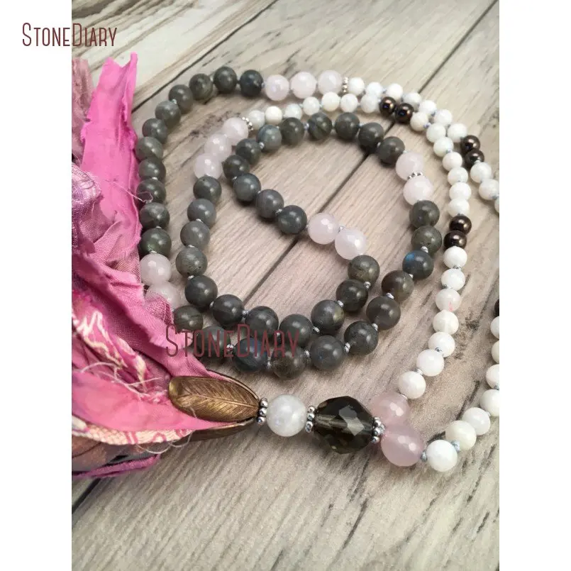 20180313-NM11112-Moonstone and Labradorite Tassel Necklace 108 Mala Necklace Mala Beads Boho Tassel Necklace Sari Silk Tassel Hand Knotted Boho Jewelry_1
