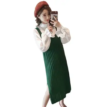 

2019 Maternity Nursing Dress Suit Pregnancy Breast Feeding Clothes Pregnant Women Flare Sleeve Top Suspender Knit Dress Set Q416