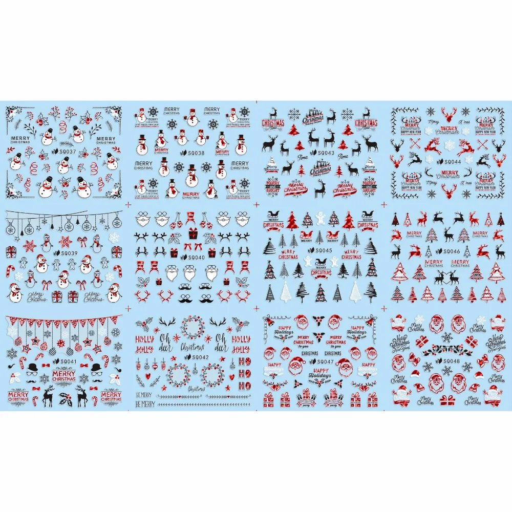 

12 PCS / LOT SELF-ADHESIVE 3D NAIL TATTOOS STICKER RED BLACK CHRISTMAS XMAS SNOW MAN GIFT BOX DEER HORN SQ37-48
