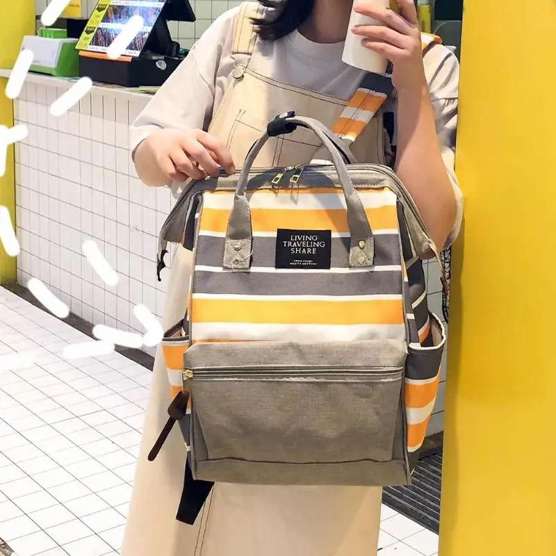 

Fashion Stripe Travel Mommy Backpacks Women Canvas Shoulder School Bags Top-handle Bags Preppy Style Knapsack Casual Rucksack