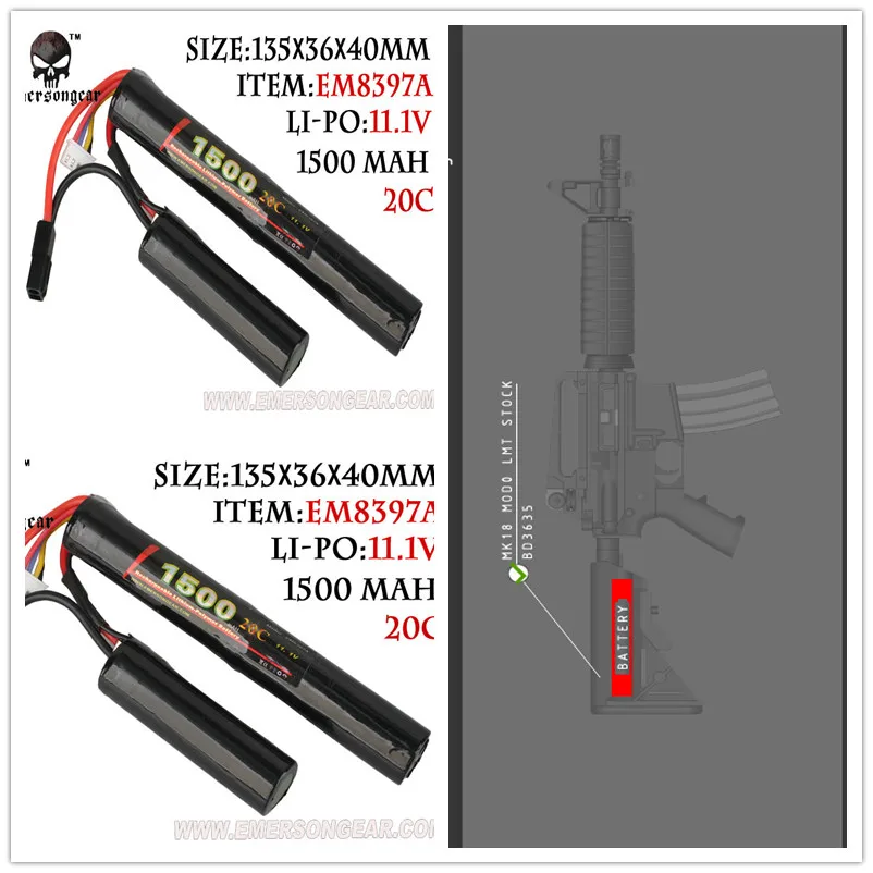 

EMERSON 11.1V1500MAH 2+1 15C/20C/30C ONE Strip Li-ion AIRSOFT CRANE Connectors BATTERY Hunting Party Supplies