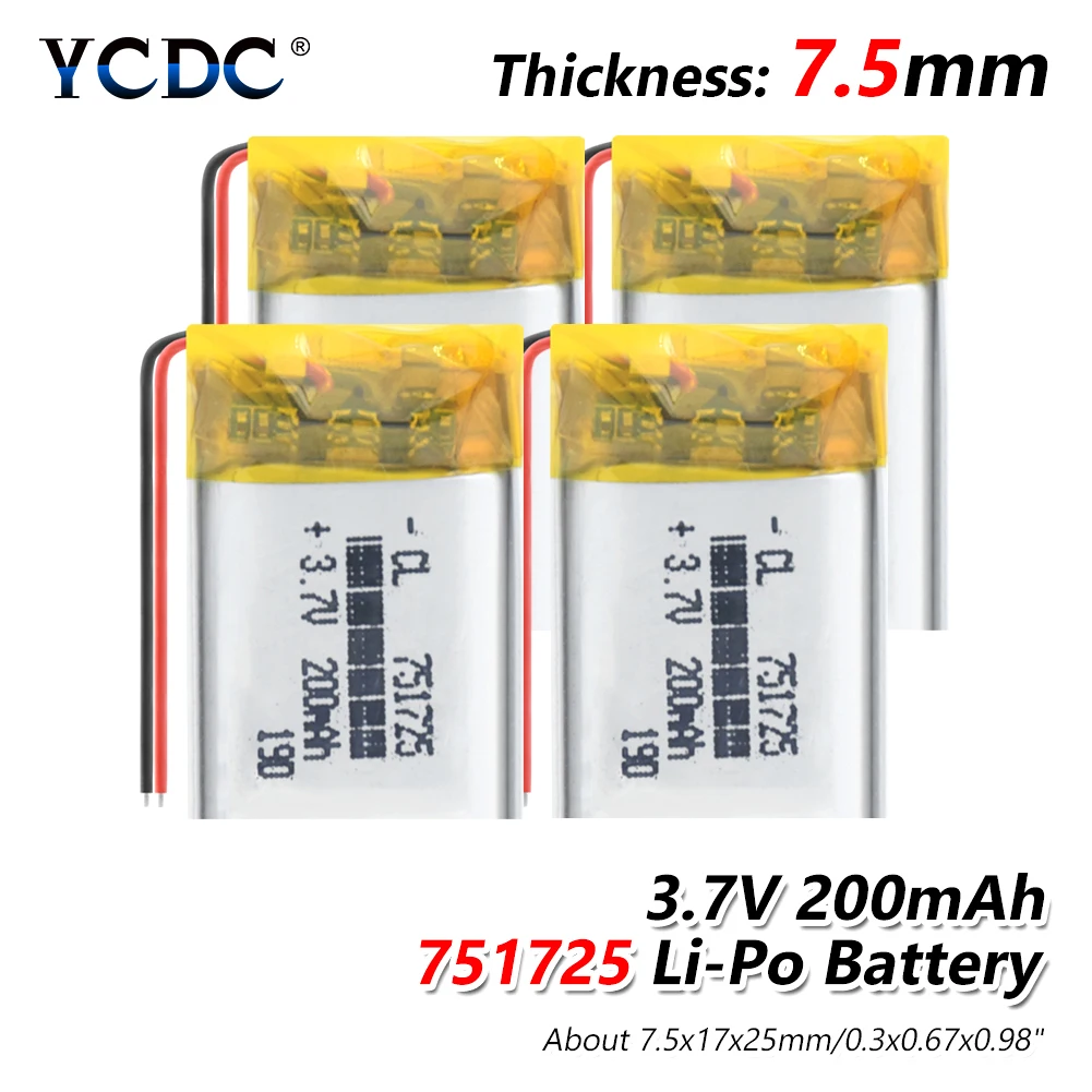 

3.7V 200mAh 751725 Rechargeable li-Polymer Li-ion Battery For Q50 G700S K92 G36 Y3 Children's smart watch mp3 Bluetooth Headset