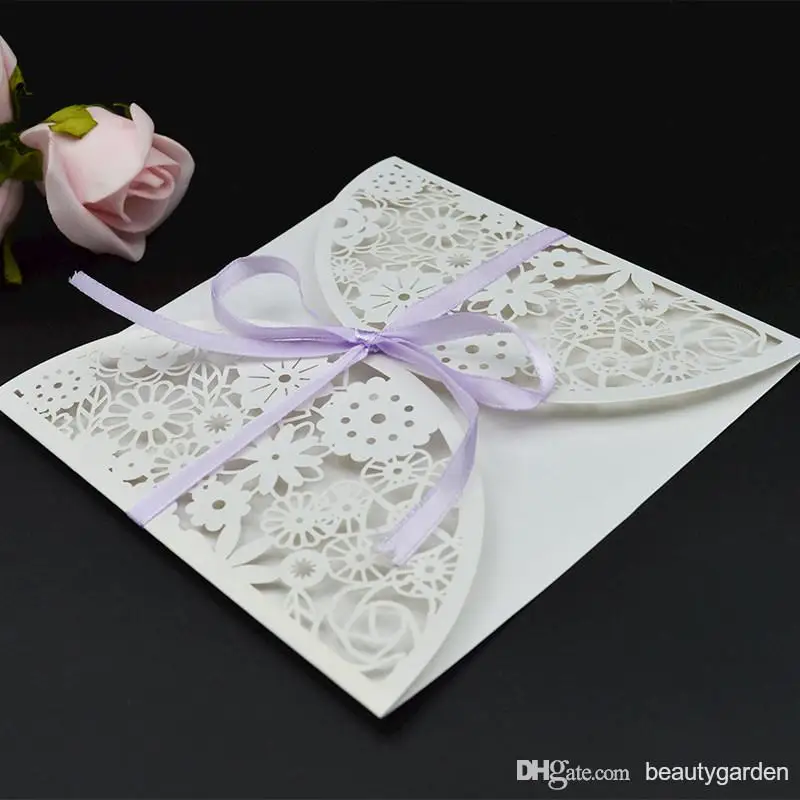 

50pcs/lot Wedding Party Invitation Card Envelope Hollow Flower Design Paper Invitation Letter With Bowknot wd906