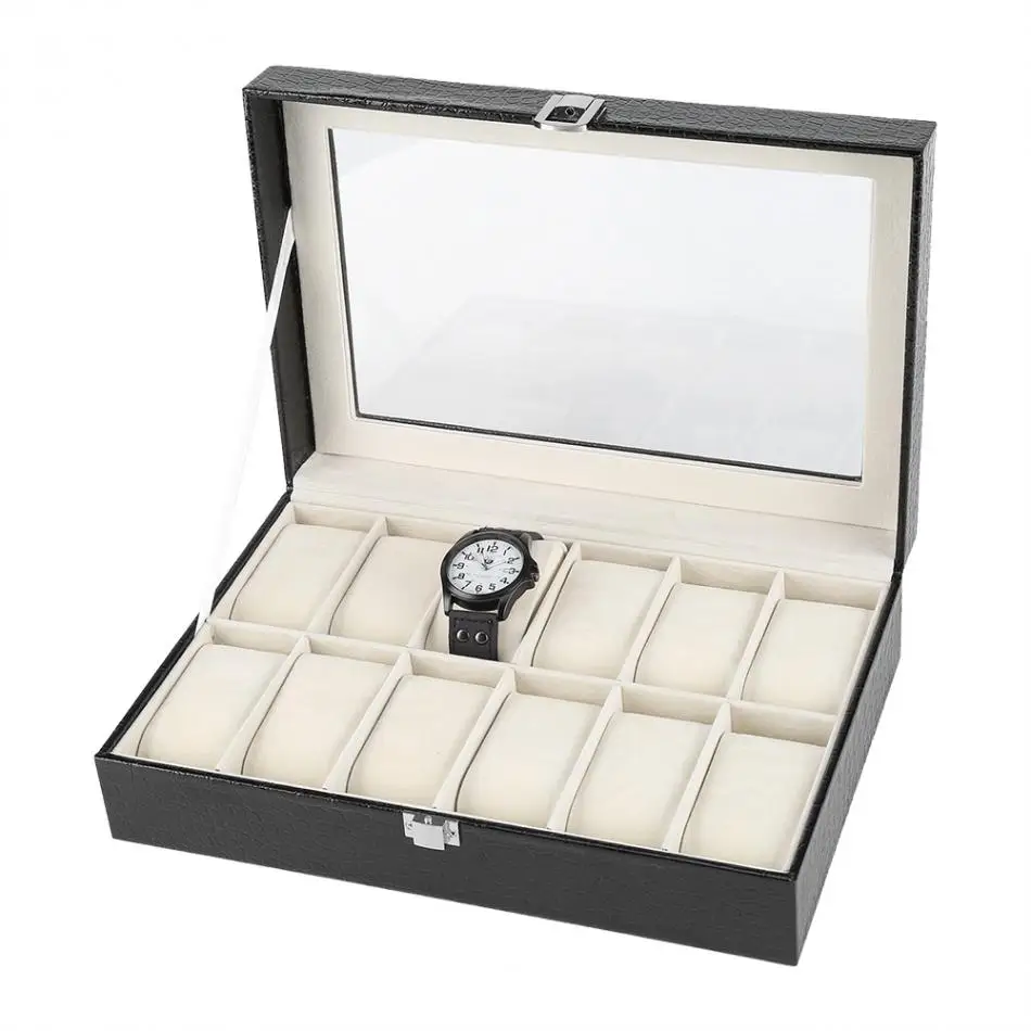 12 Slots Grid Watch Storage Box PU Leather Watch Display Box Jewelry