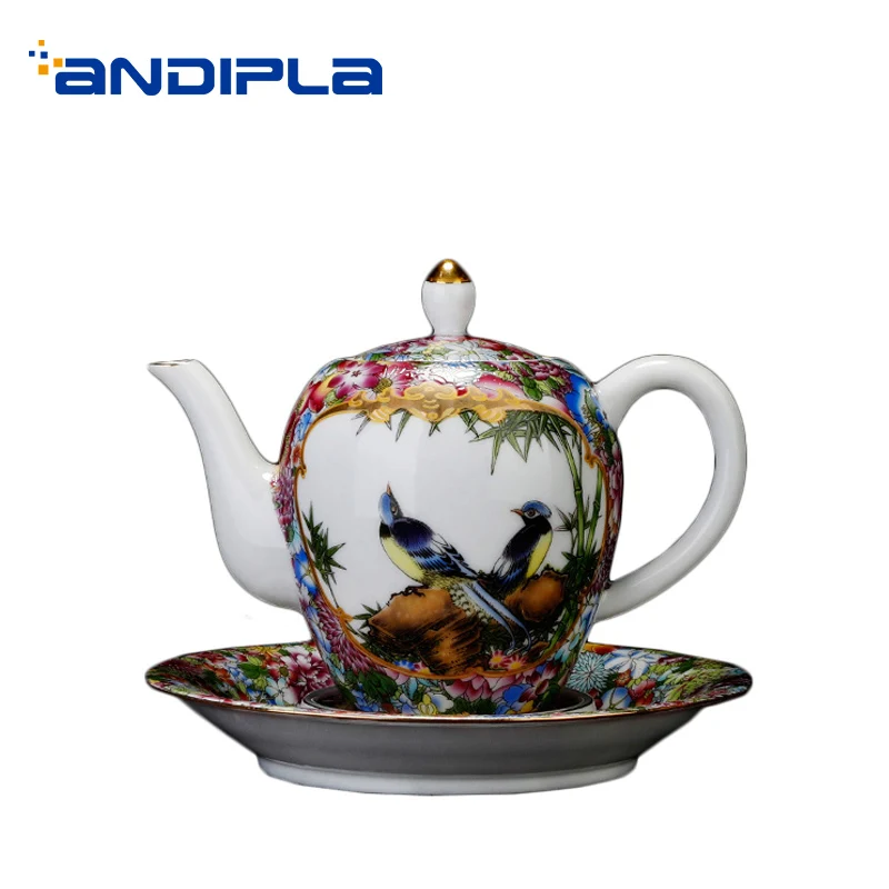 

250ml Vintage Style Hand Painted Flower Pattern Teapot Puer Oolong Tea Kettle Home Drinkware Handgrip Pot Tray Send Friends Gift