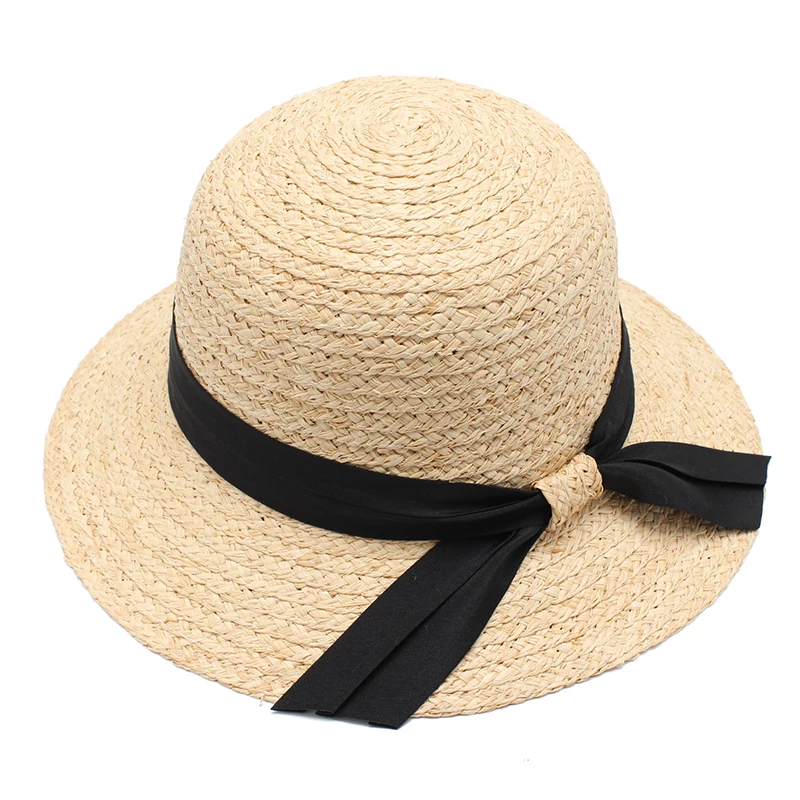 Women Raffia Straw Hats Black Bow Knot Ribbon Summer Beach Caps Female