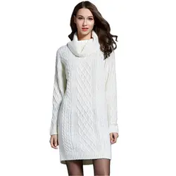 2018 осень-зима толстые твист длинные Платья-свитеры для Для женщин длинные вязаные платья Белый Свитеры с высоким воротом и пуловер Джемпер
