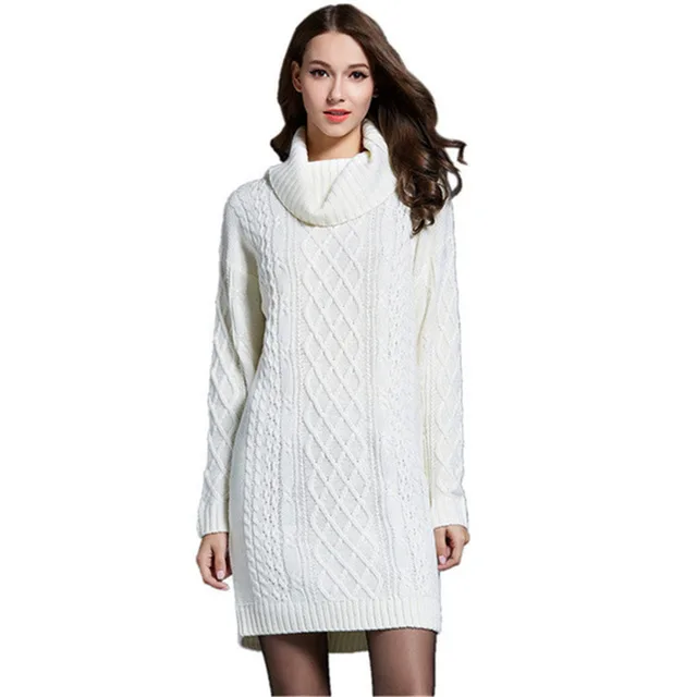 2018 Autumn Winter Thick Twist Long Sweater Dress For Women Long Knitted Dresses White Turtleneck Sweaters