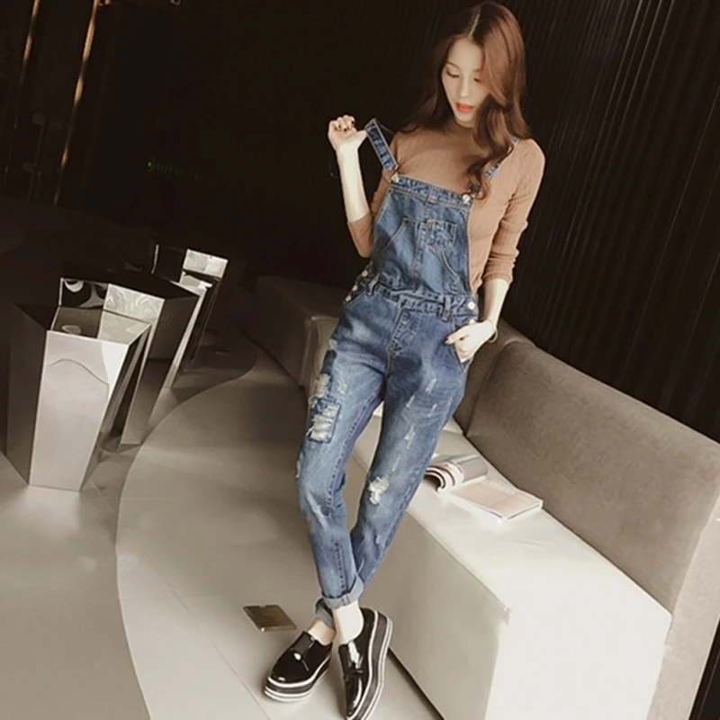 

Loose Adjustable Strap Jeans Slim Jumpsuit Women's Denim Pants Overalls Ripped Hole Pant
