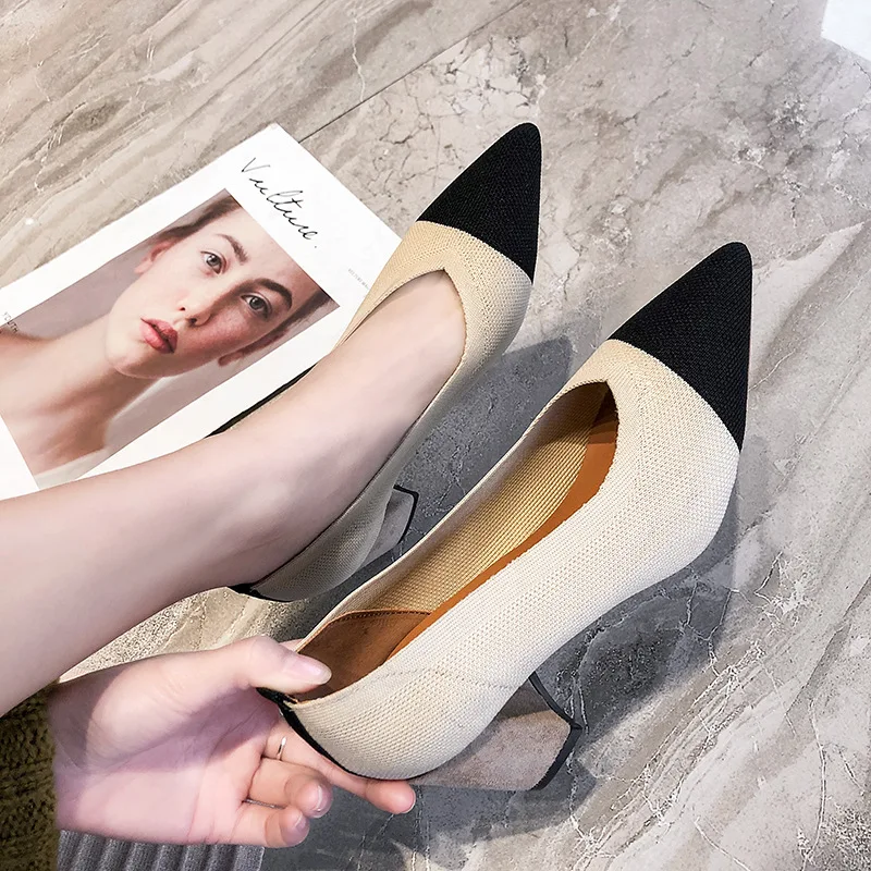 

2019 spring new fashion simple color matching pointed high heels women knitted cloth breathable comfortable single shoes.