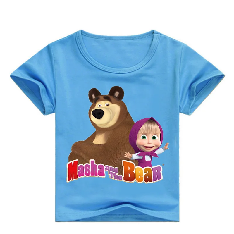 

2019 New Kids Cartoon Prints Girls and The Bear Cats Short Sleeve T-shirts Girls Tops Boys Costume Clothes Masha Unisex