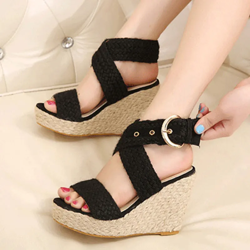 

Women Espadrilles Wedge Sandals Summer Flock Ankle Strap Sandals Fashion Peep Toe Buckle Platform High Heels Sandals Women