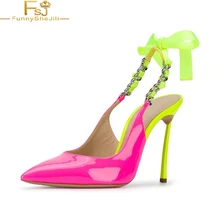 Розовые и неоновые желтые туфли-лодочки с острым носком на высоком каблуке с ремешком на щиколотке на шпильке вечерние женские туфли на большой день США 16 FSJ