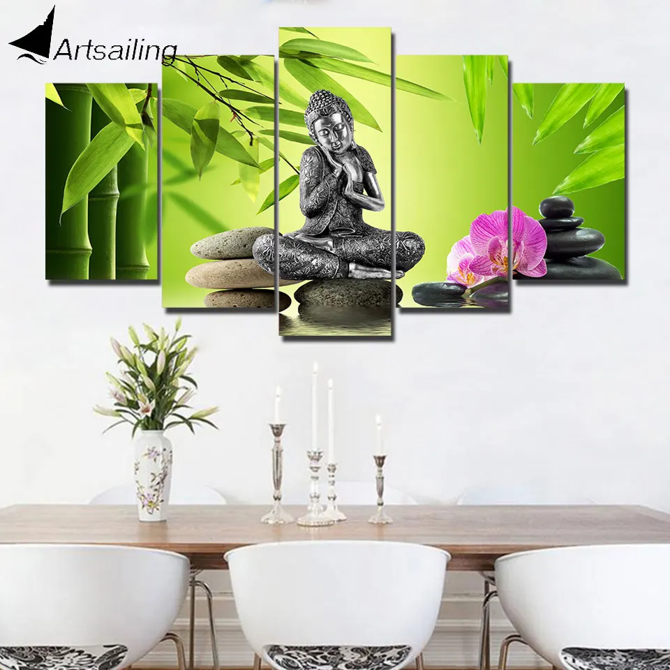 ArtSailing 5 panel wall art on canvas Silver Zen Buddha modern Home